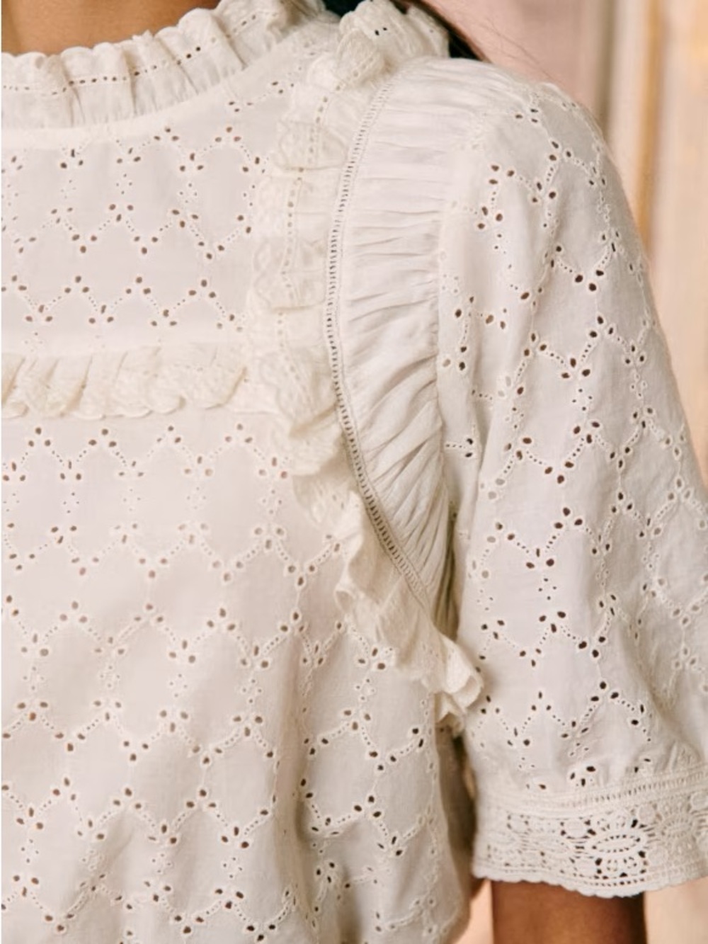 NEW Sezane Thio Ivory Eyelet Ruffle Blouse 10 - Picture 2 of 5